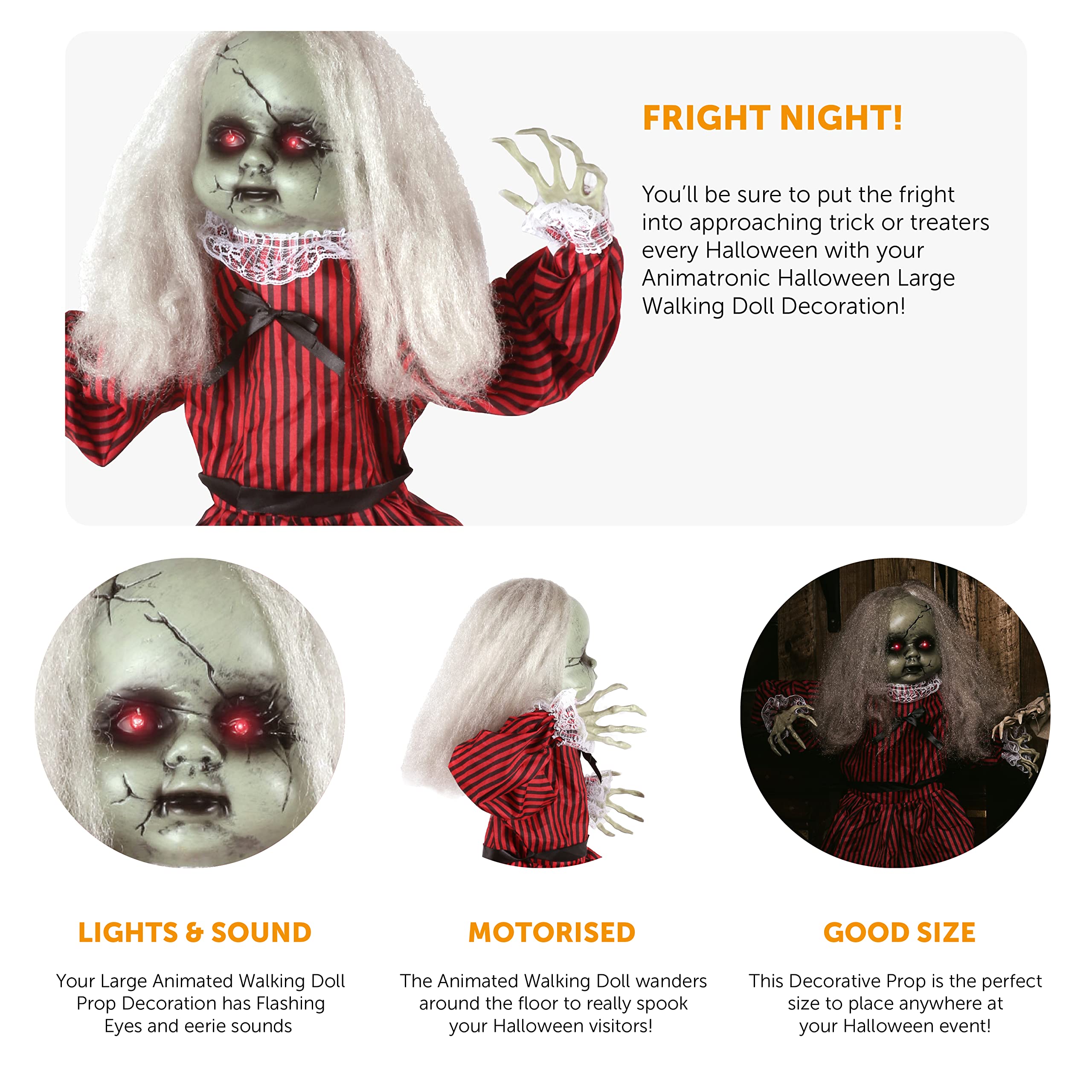 Animatronic - Bambola grande in vestito rosso e nero decorazione di Halloween, occhi rossi e effetti sonori – ruote motorizzate – puntelli di Halloween