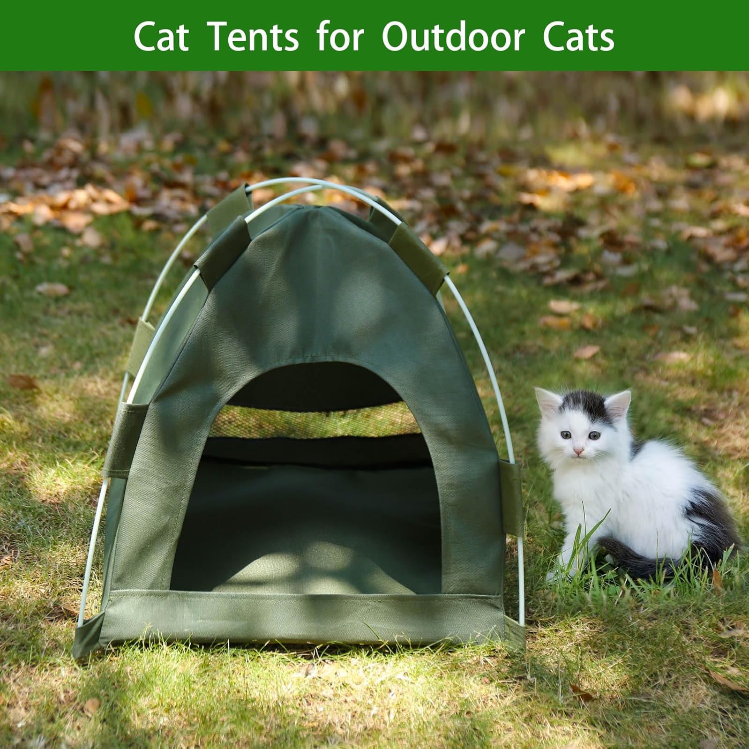 Cat Tent, Cat Tents for Indoor Cats, Portable Cat Tent Outdoor Cat Pop Up Tent for Outside Cat Cave with Soft Mat, Green