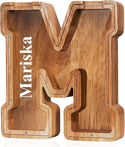 Alcancía grande de madera con nombre personalizado para niños y niñas, alfabetos, letras A-Z, monedas, billetes, cambio de dinero, caja bancaria