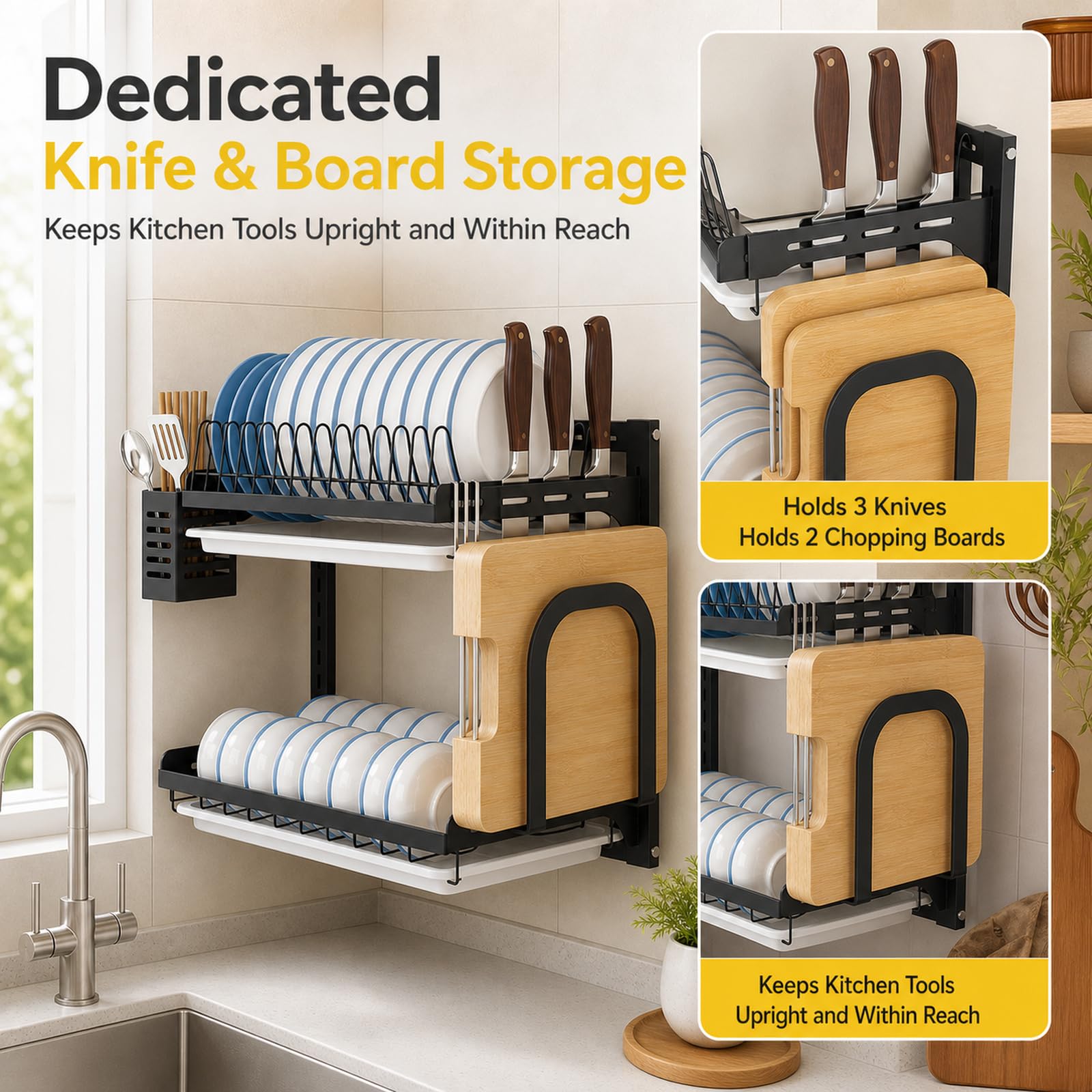 Escurridor de Platos de Pared,Escurreplatos De Pared De Acero Inoxidable,Escurridor De Platos con Bandeja,Estante para secar Platos Colgante,Ahorra Espacio,para Platos,Cuencos
