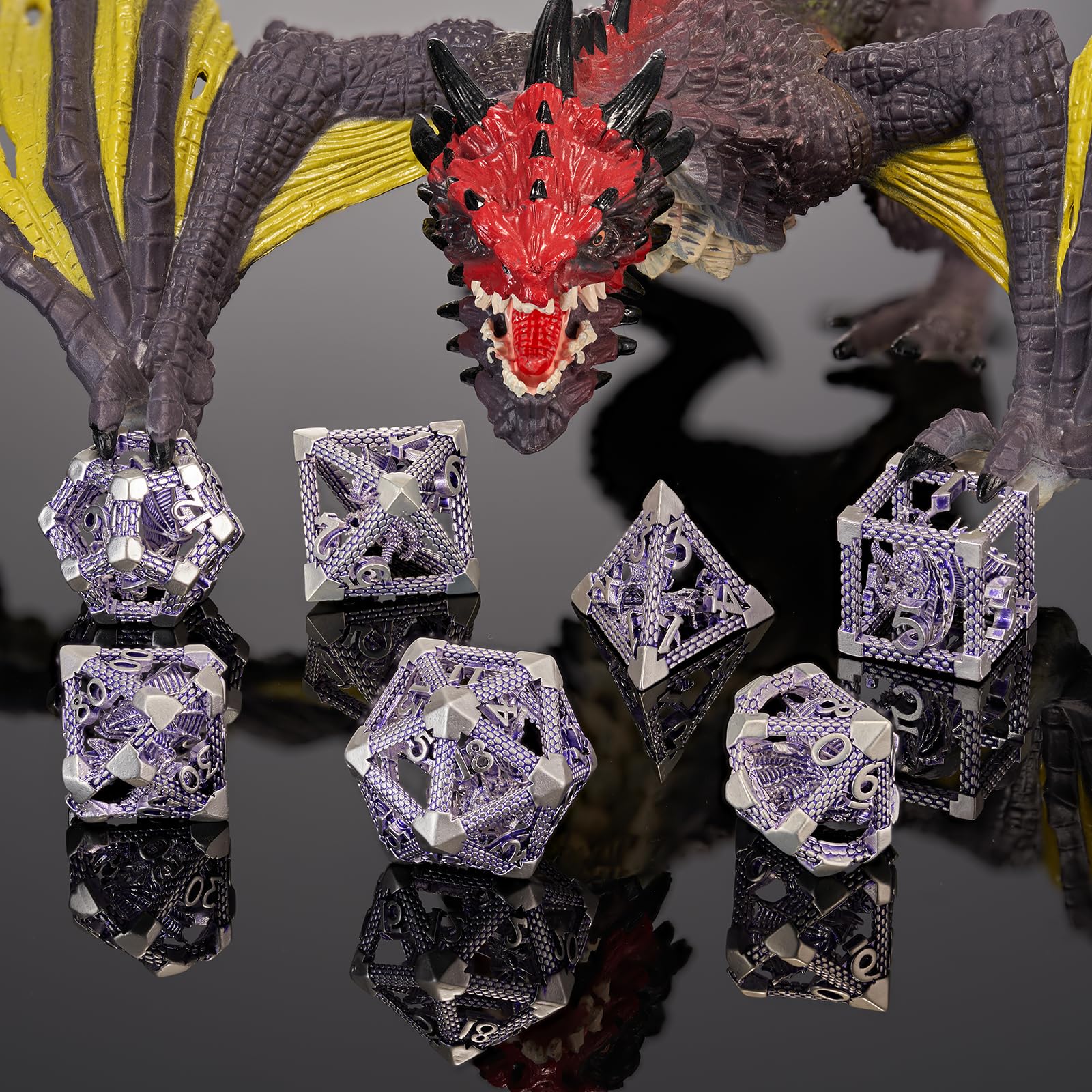 DND Dados, HNCCESG - Juego de dados poliédricos de metal hueco de dragón morado y blanco para juegos de mesa de Dungeons and Dragons RPG MTG (dragón blanco y púrpura)