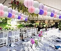 Vista 6 de KAXIXI Juego de decoraciones colgantes para fiestas, 15 unidades, flores de papel rosa, morado, blanco, pompones y faroles de papel para bodas, Dark