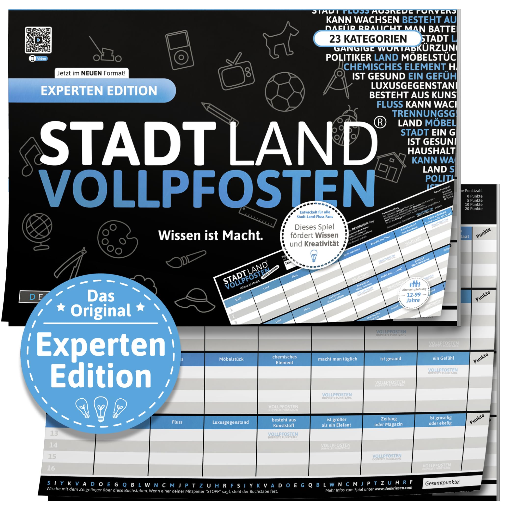 DENKRIESEN - Stadt Land VOLLPFOSTEN® - Experten Edition - 'Wissen ist Macht.' - A4 | Partyspiel | Familienspiel | Stadt Land Fluss | Spielblock | Geschenkidee | Spaß vorprogrammiert