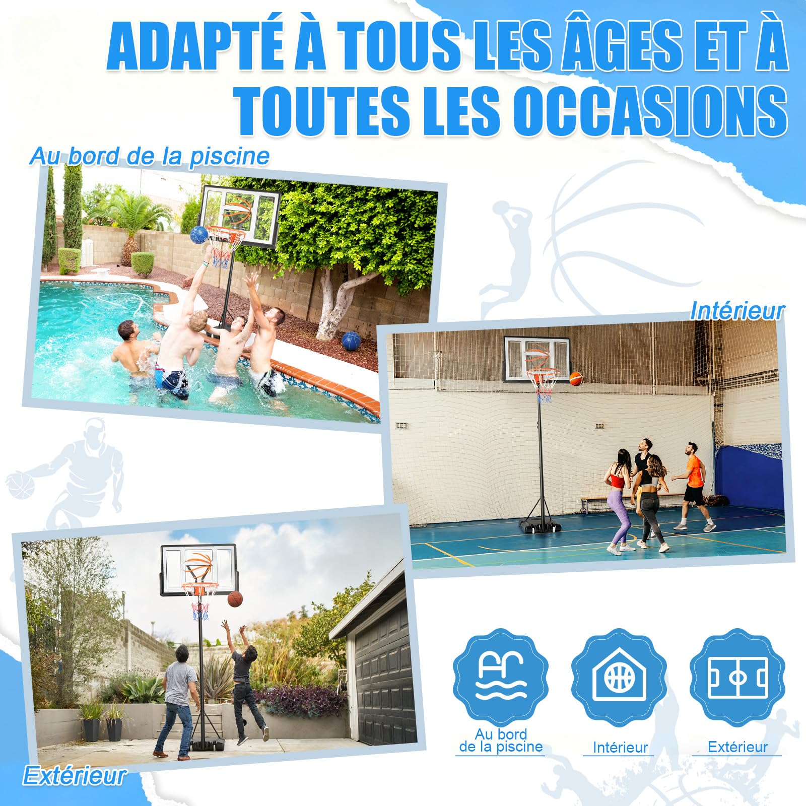 LEADZM Panier de Basketball Extérieur avec Support et roulettes, 2 Filets, pour Adultes et Enfants, Support de Basketball pour Jardin et Cour, Hauteur Réglable de 135 à 305 cm