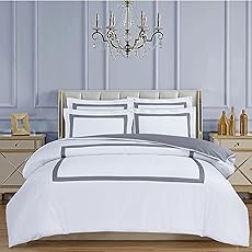 Majestic Giftware Madison Linen 8-Piece 44" Twin Size Bedding Set (BL51-44T-3) | Flora Hotel Collection-White-Taupe Embroidery 400 TC Cotton Sateen | 2 Fitted Sheets, 2 Duvets, 4 Pillowcases