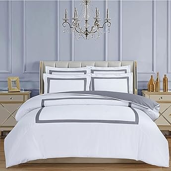 Majestic Giftware Madison Linen 8-Piece 44" Twin Size Bedding Set (BL51-44T-3) | Flora Hotel Collection-White-Taupe Embroidery 400 TC Cotton Sateen | 2 Fitted Sheets, 2 Duvets, 4 Pillowcases
