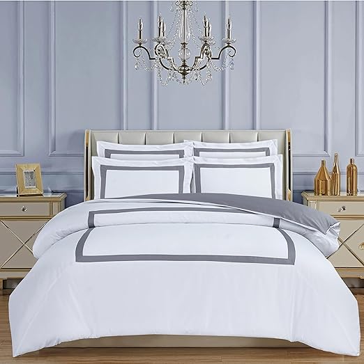 Majestic Giftware Madison Linen 8-Piece Full Size Duvet Bedding Set (BL4-F-8) | Province Hotel Collection-White-Gray Tape 400 TC Cotton Sateen | 2 Fitted Sheets, 2 Duvets, 4 Pillowcases