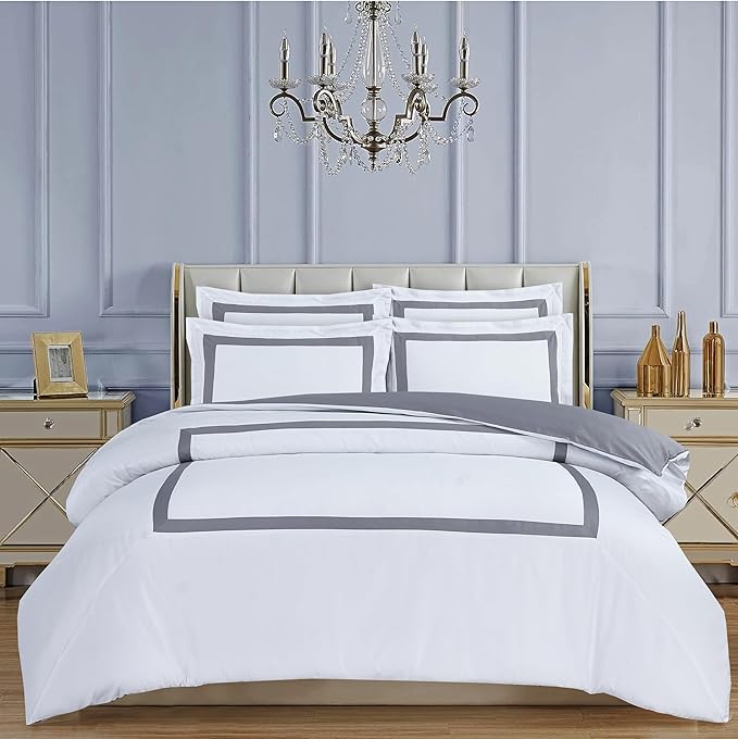 Majestic Giftware Madison Linen 8-Piece Full Size Duvet Bedding Set (BL4-F-8) | Province Hotel Collection-White-Gray Tape 400 TC Cotton Sateen | 2 Fitted Sheets, 2 Duvets, 4 Pillowcases
