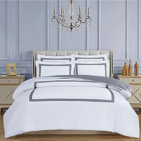 Majestic Giftware Madison Linen 8-Piece Full Size Duvet Bedding Set (BL4-F-8) | Province Hotel Collection-White-Gray Tape 400 TC Cotton Sateen | 2 Fitted Sheets, 2 Duvets, 4 Pillowcases