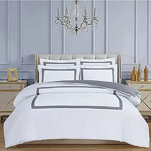 Majestic Giftware Madison Linen 8-Piece Full Size Duvet Bedding Set (BL4-F-8) | Province Hotel Collection-White-Gray Tape 400 TC Cotton Sateen | 2 Fitted Sheets, 2 Duvets, 4 Pillowcases