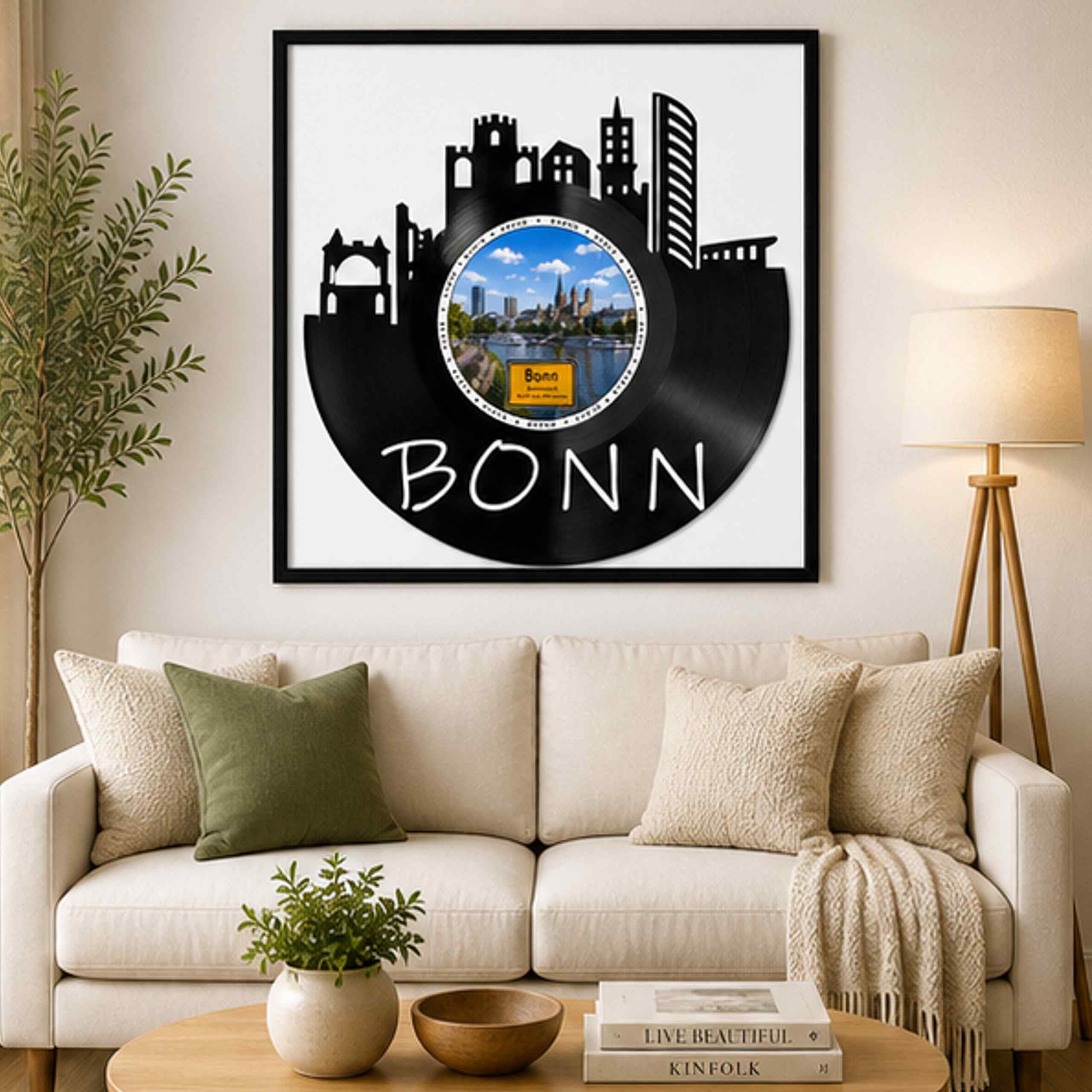 EVEVO Bonn - Decorazione da parete in vinile, con cornice, 32 x 32 cm, motivo: città federale, regalo per gli amanti della musica