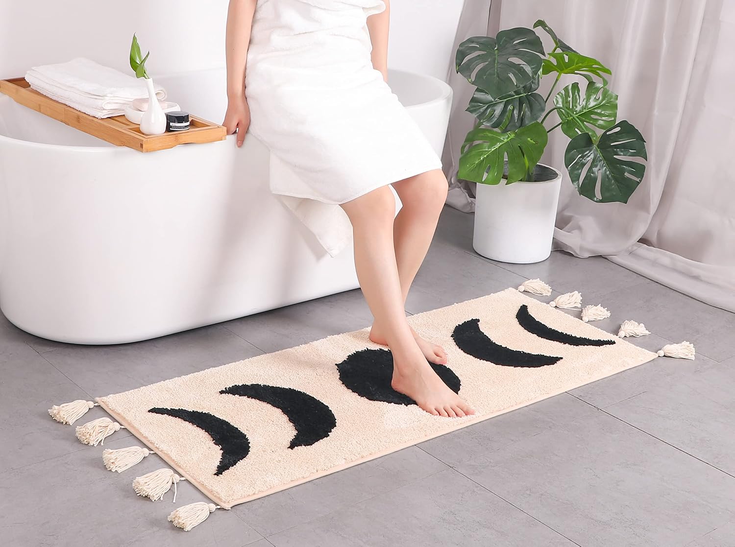 Boho Bathroom Rug Runner Moon Phases Bath Mat with Tassels Half Moon Bohemian Rugs College Dorm Room Decor for Bathroom Moon Rug Hippie Witchy Boho Area Rug Beige Neutral Creamy Black long 20x60