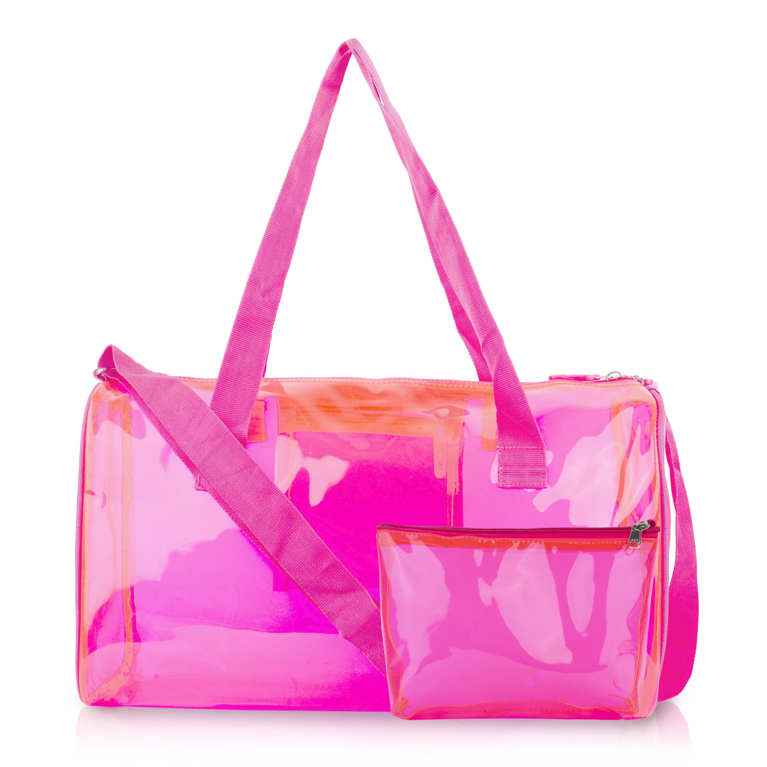Pink Transparent Jelly Duffle Bag with Matching Pouch | 50 GSM Waterproof PVC Travel Gym Tote | Lightweight Shoulder Handbag for Women, Girls, College, Sports & Weekend Trips-image-23