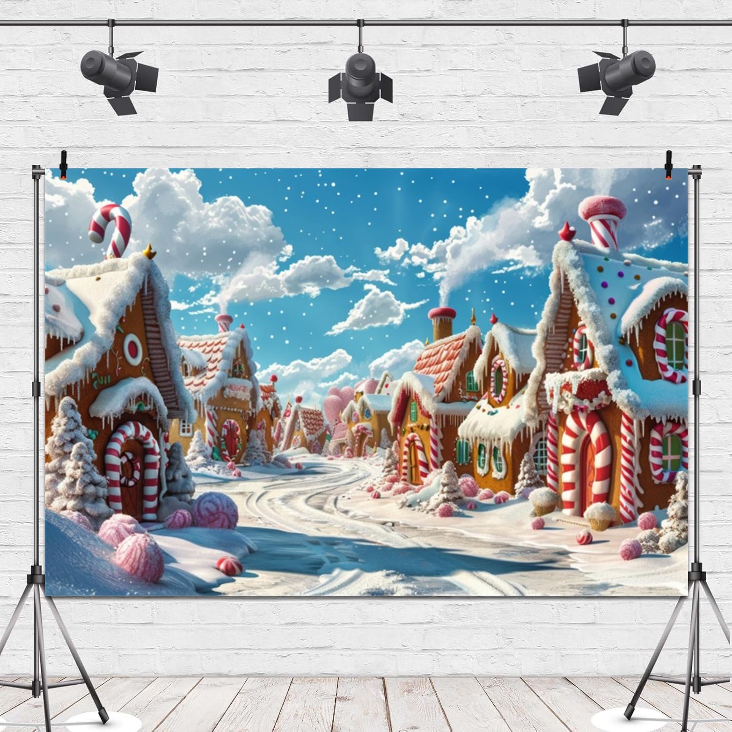 Fondale fotografico natalizio con casa di pan di zenzero, 6 x 3 m, sfondo fotografico invernale con neve e cartone animato rosa omino pan di zenzero biscotto casa sfondo