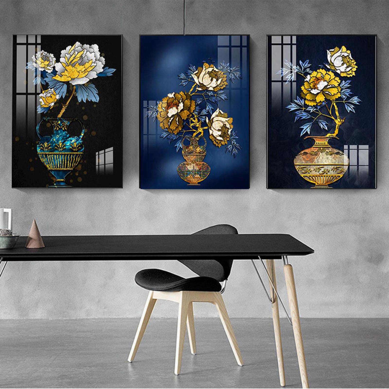 dsdsgog Blue Leaves Yellow Flowers Still Life Posters and Canvas Prints Painting Canvas Wall Art Pictures for Bedroom Decor 60x80cmx3 Frameless