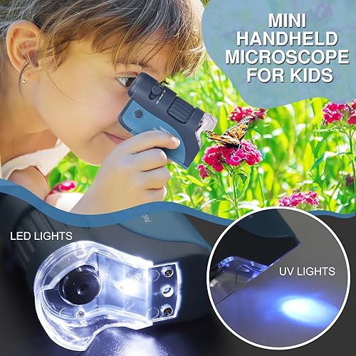 Miniatura 5 de LAKWAR Microscopio de bolsillo para niños y adultos, microscopio portátil de mano 60x-120x con 5 diapositivas de microscopio, mini microscopio para