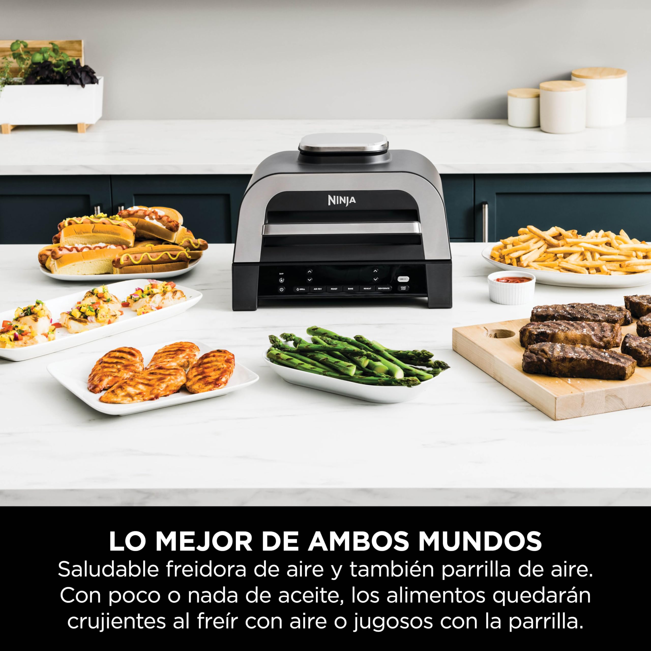 Ninja MAX 6 en 1 Freidora de aire y parrilla de interior, 6 funciones de cocción sin humo, cocina hasta 6 hamburguesas, capacidad de 3,8 l, incluye termómetro digital para carne, gris/plata, DG551EU