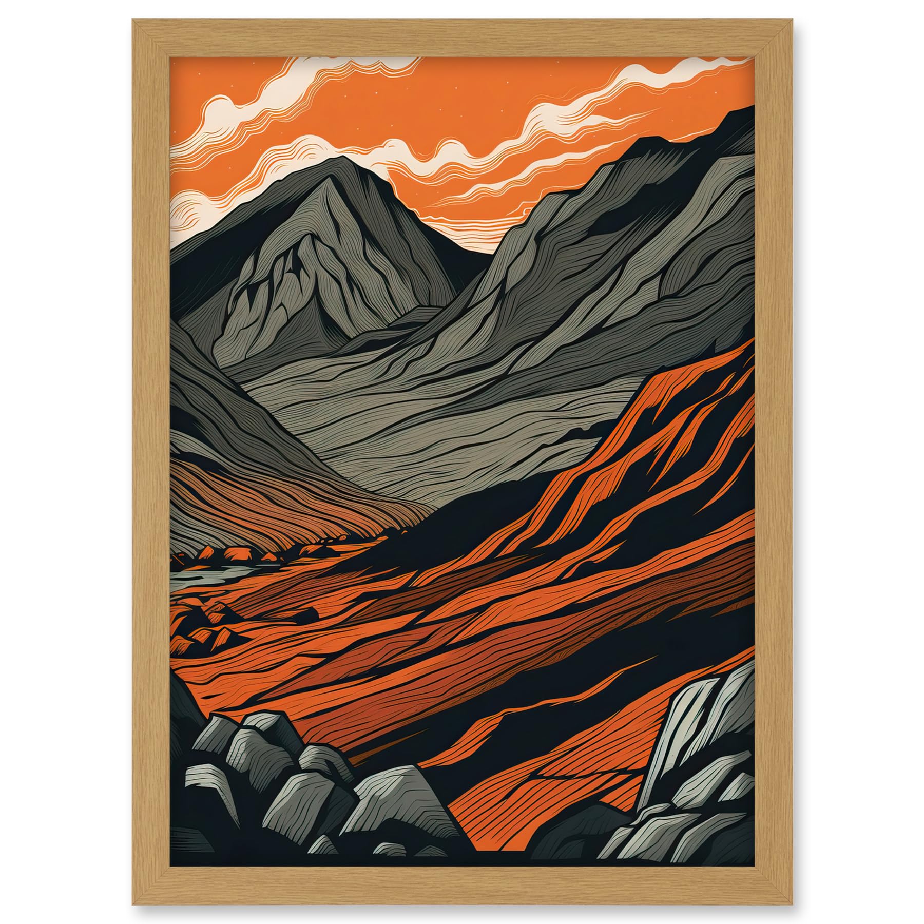 Artery8 Scafell Pike Mountain Landscape in Amber and Grey Artwork Framed A3 Wall Art Print