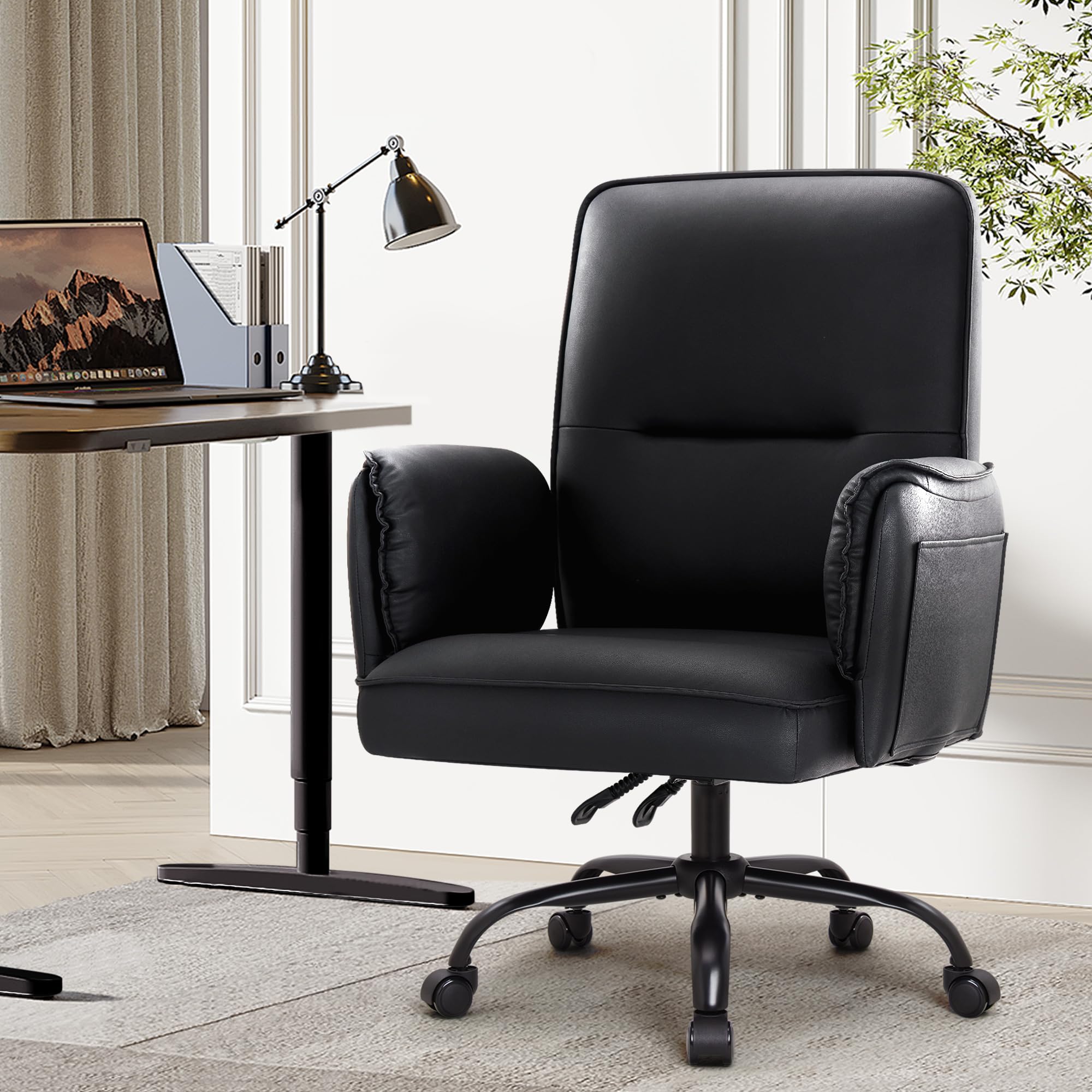 IWMH Bürostuhl,PU Leder Schreibtischstuhl, 90-135° Reclining Drehstul | Breiten Sitz Chefsessel mit Rollen,Schminktisch Stuhl Höhenverstellbarer mit Armlehne für Büro,Homeoffice(Braun)