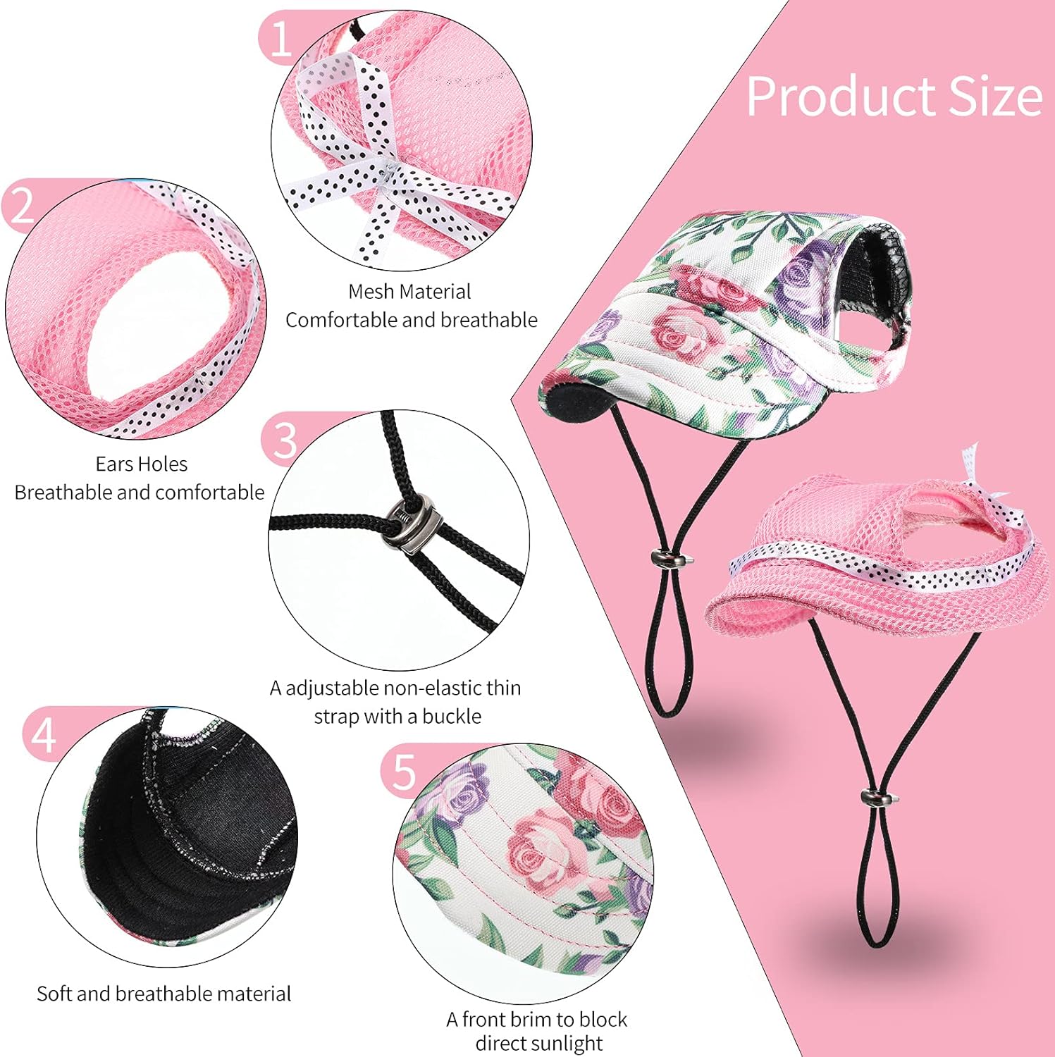 2 Pieces Dog Baseball Caps Pet Round Brim Princess Cap Visor Hats Pet Outdoor Sports Hats with Ear Holes Pet Dog Mesh Porous Cap Pet Baseball Caps with Adjustable Chin Strap for Small Dogs : Pet Supplies