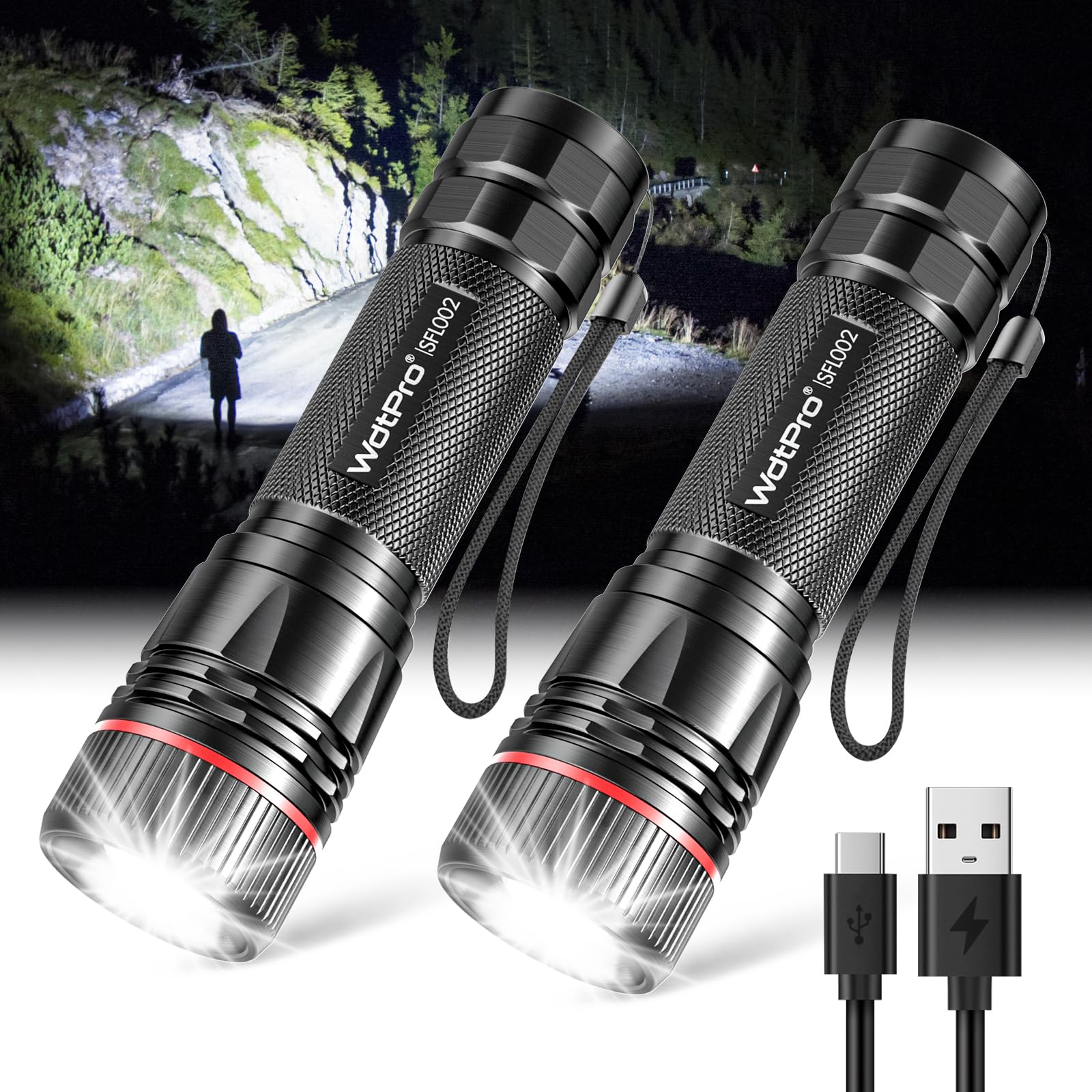 WdtPro Rechargeable Flashlights High Lumens, 2 Pack 10H Long Lasting Super Bright EDC Flashlight, LED Mini Tactical Flash Lights for Camping Emergency, Drop & Water Resistant (Battery Included)