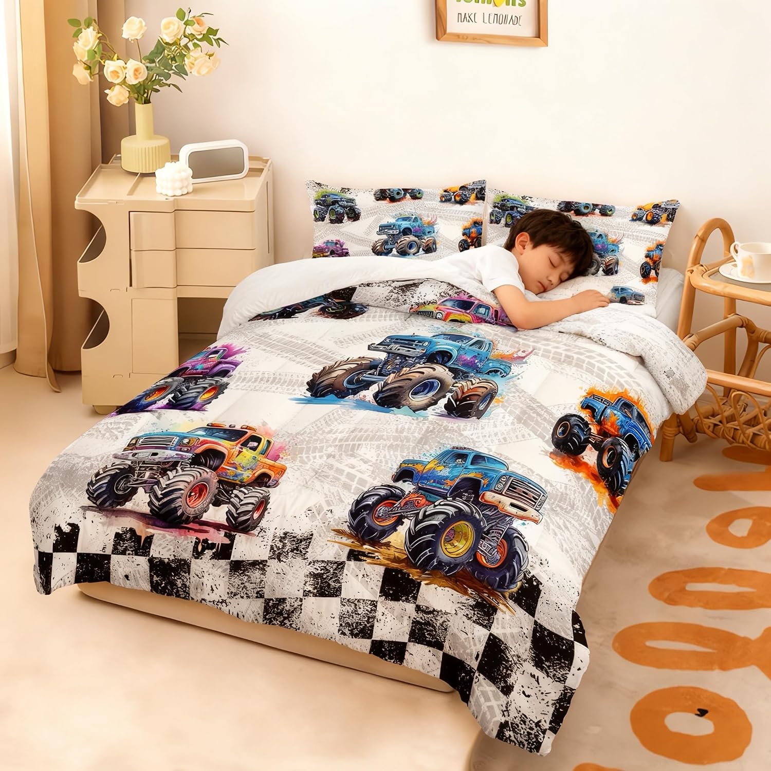 AILONEN 3-Piece Colorful Monster Truck Bedding Set Twin Size,Featuring Cartoon Trucks and Checkered Flag Pattern Comforter Set Perfect for Kids Rooms,1 Quilt with 2 Pillowcases,Soft Comfortable