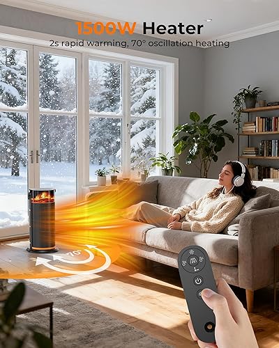 Miniatura 2 de Calentador de espacio calentadores de espacio portátiles de 1500 W para uso en interiores con luz de efecto de llama, calentador eléctrico de