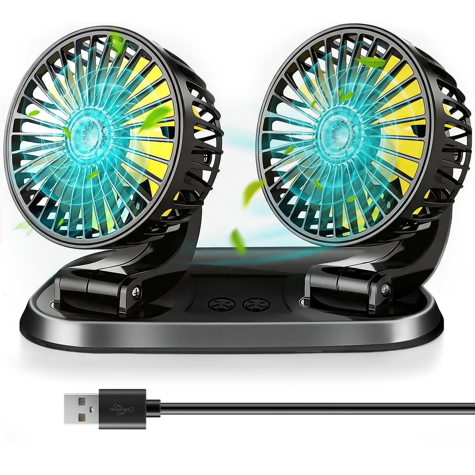 Ventilador de Coche 12/24v, 360 ° Giratorio Cabezas Dobles Ventilador Portatil, Mini Ventilador con 3 Velocidades USB para Coche SUV Vehículo de Crucero RV