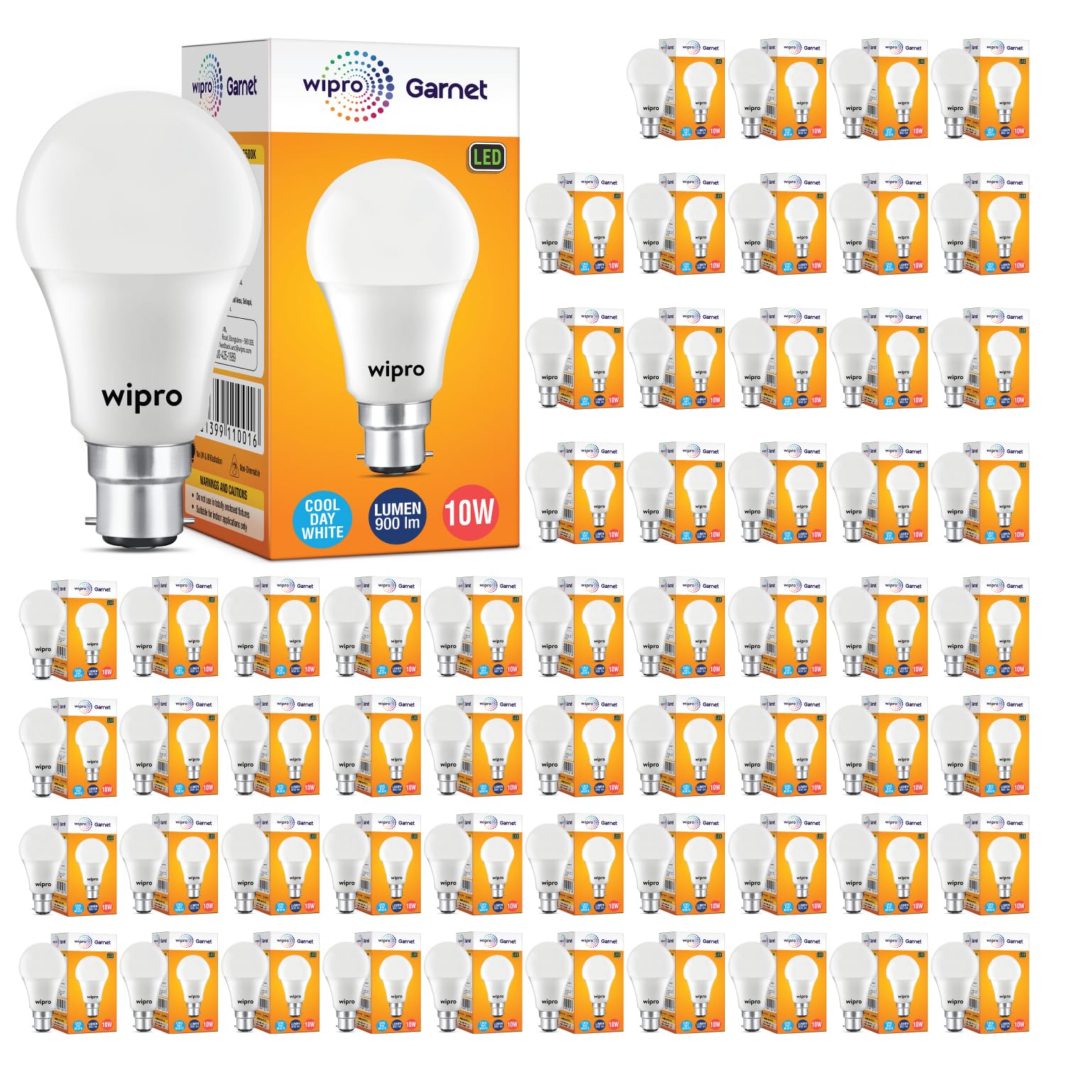 wipro Garnet 10W LED Bulb for Home & Office |Cool Day White (6500K) | B22 Base|220 Degree Light Coverage |4Kv Surge Protection |400V High Voltage Protection |Energy Efficient | Pack of 60
