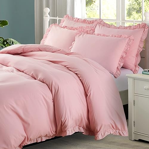 Miniatura 2 de Funda de edredón rosa de 5 piezas, tamaño King, con volantes, de microfibra ultra suave, estilo rústico y elegante, con cierre de cremallera, 1