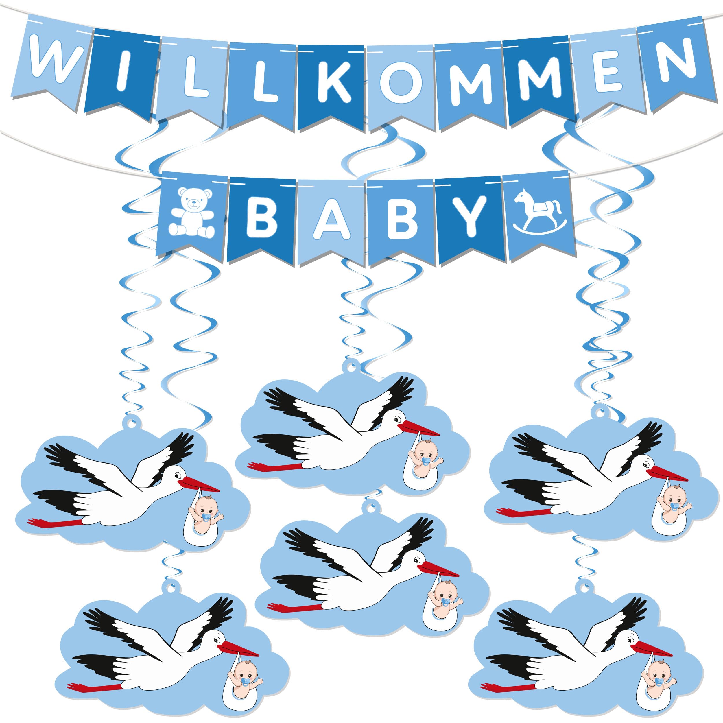 BRUBAKER Willkommen Baby Garland for Boys and Girls, Pennant Banner with Stork Pendants and Decorative Swirl Spirals