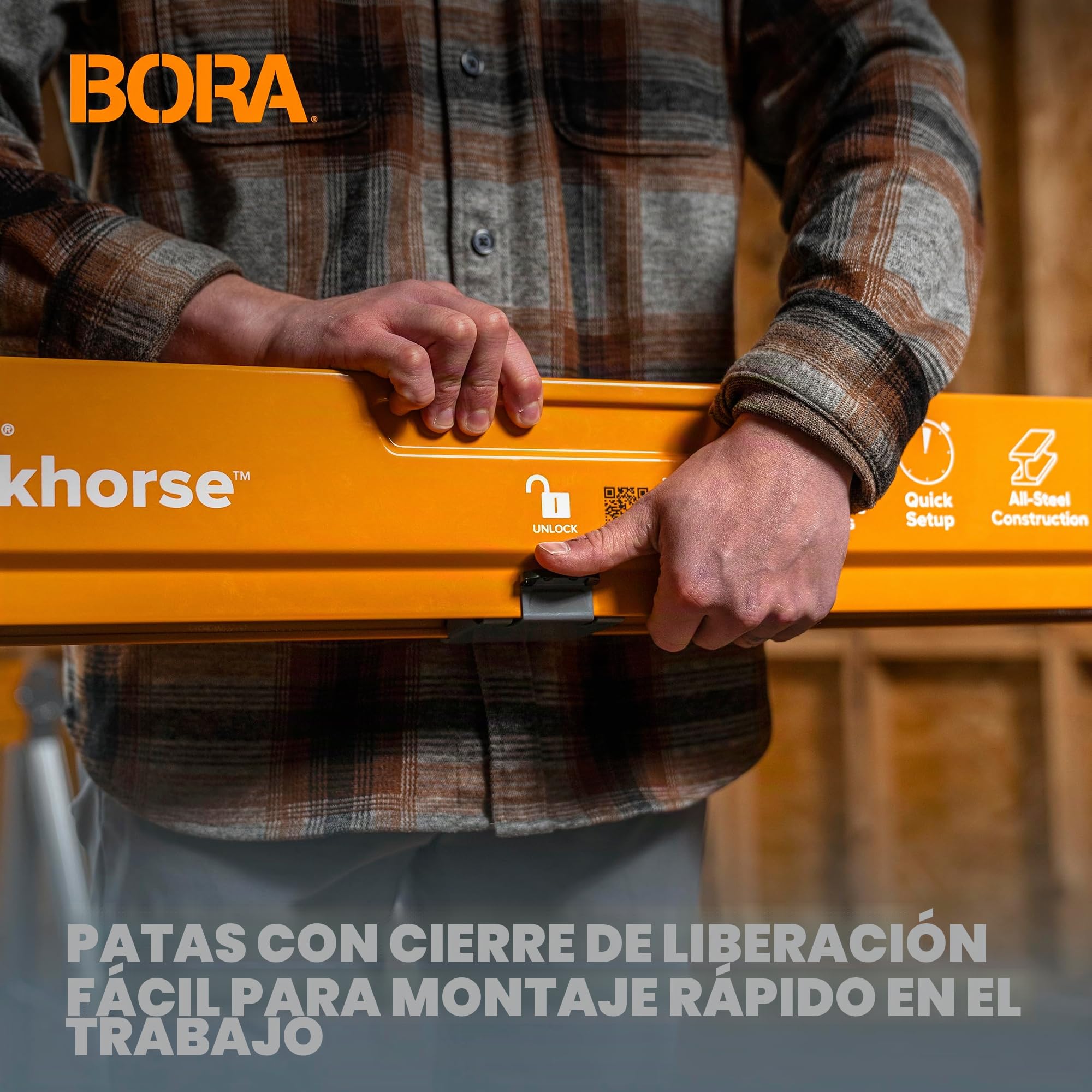 BORA Workhorse - Caballos de Sierra, Paquete de 2 caballetes Plegables Resistentes con Patas Ajustables, Caballo de Sierra Resistente para contratistas, Banco de Trabajo portátil PM-3330T, Naranja