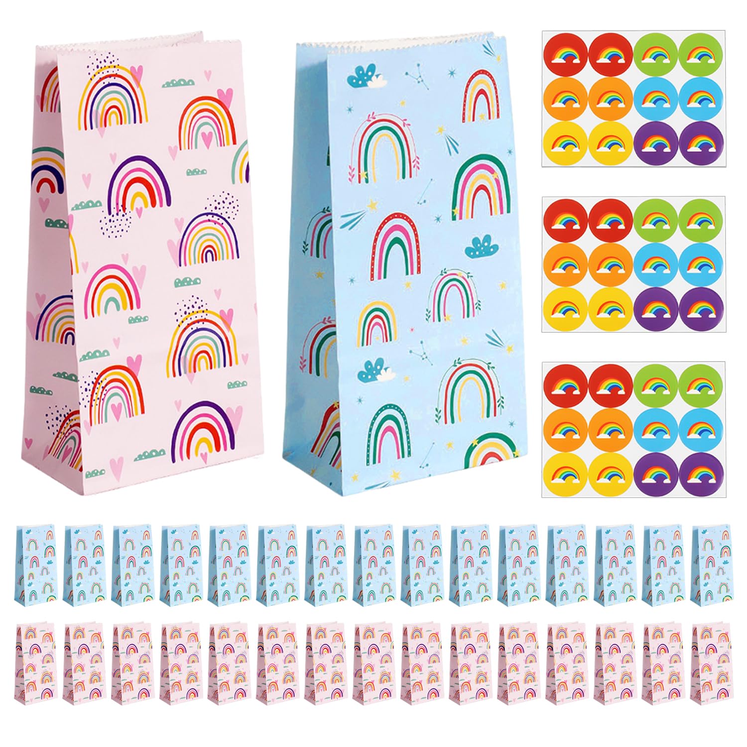 UBSIUH 30 Pieces Of Rainbow Gift Bags, 3 Pieces Of Rainbow Sealing Stickers, Paper Gift Bags, Baking Packaging Bags, Party Decoration Gift Bags.