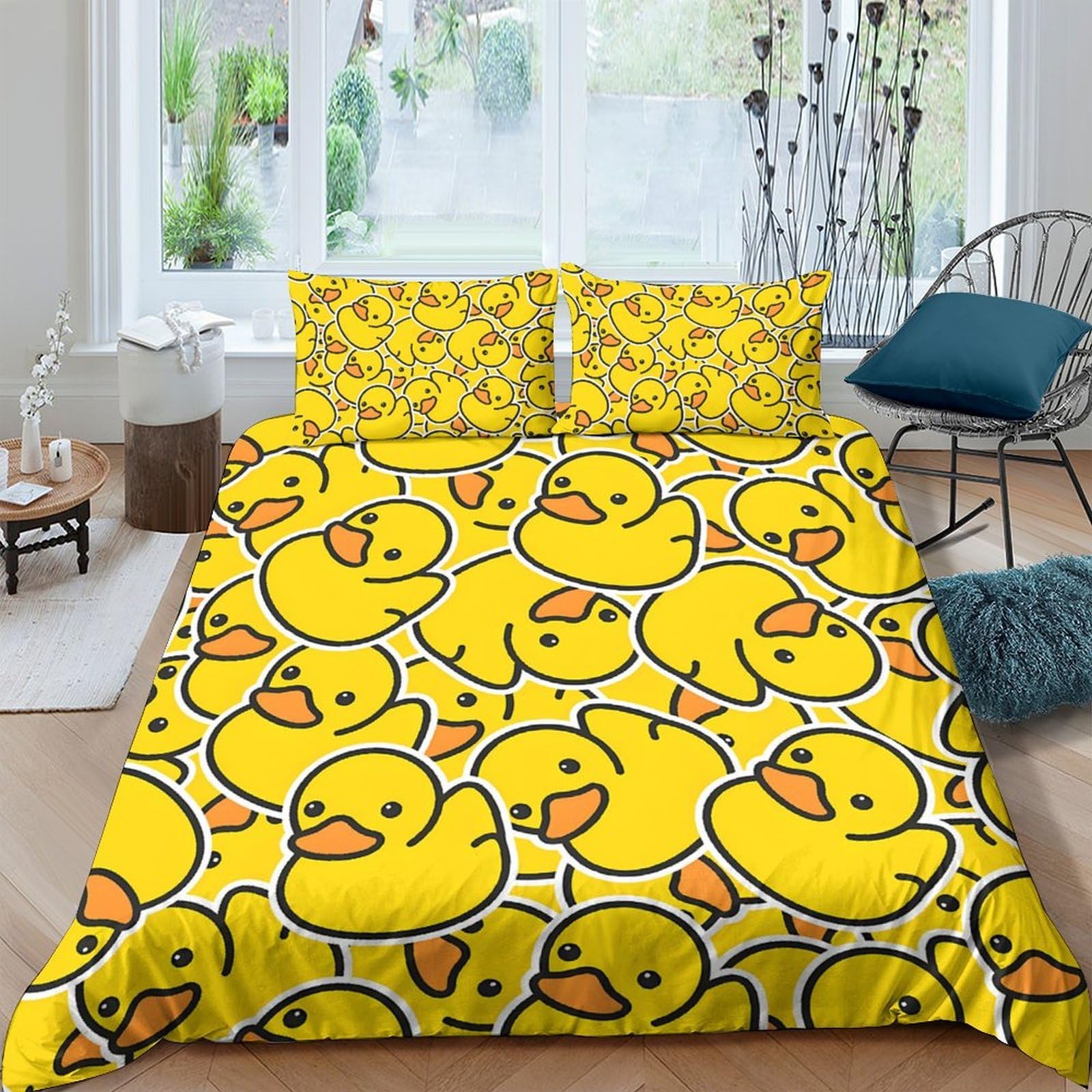 TUFRTGYHN 3D Printed Yellow Duck Duvet Cover Set Microfiber Soft Breathable Cartoon Quilt Cover with 2 Pillowcases for Bedroom Decor Single（135x200cm）