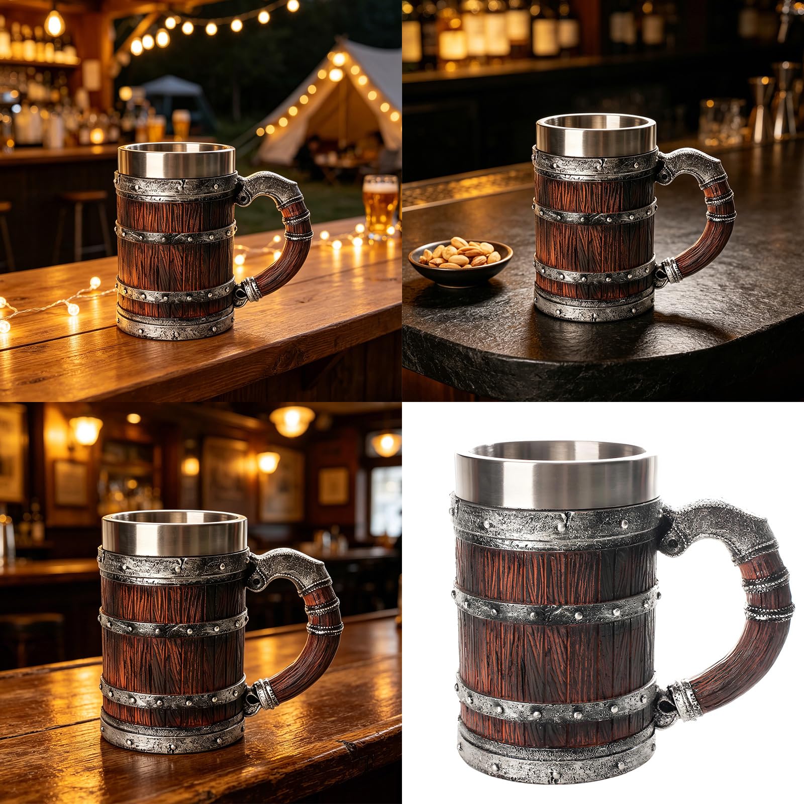 Generisch Chope à bière en bois avec isolation à double paroi, grande capacité, tasse en résine, gobelet intérieur en acier inoxydable pour boissons chaudes et froides, gobelet historique