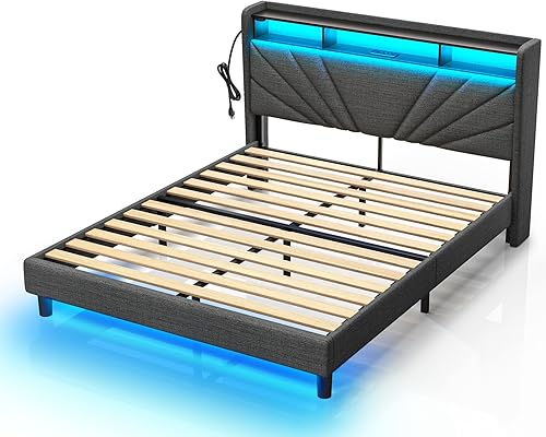 Miniatura 1 de Rolanstar Base de cama tamaño Queen, cabecera de almacenamiento con estación de carga y luces LED, cama tapizada con listones de madera resistentes,