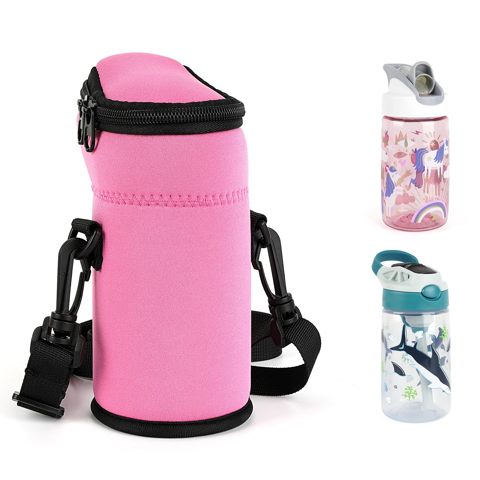 LinkideaKids Water Bottle Carrier Bag Compatible with CamelBak 12oz/14oz, Contigo 14oz, Thermos 12oz, Insulated Neoprene Holder with Adjustable Straps, Water Bottles Sleeve Cover for Girls