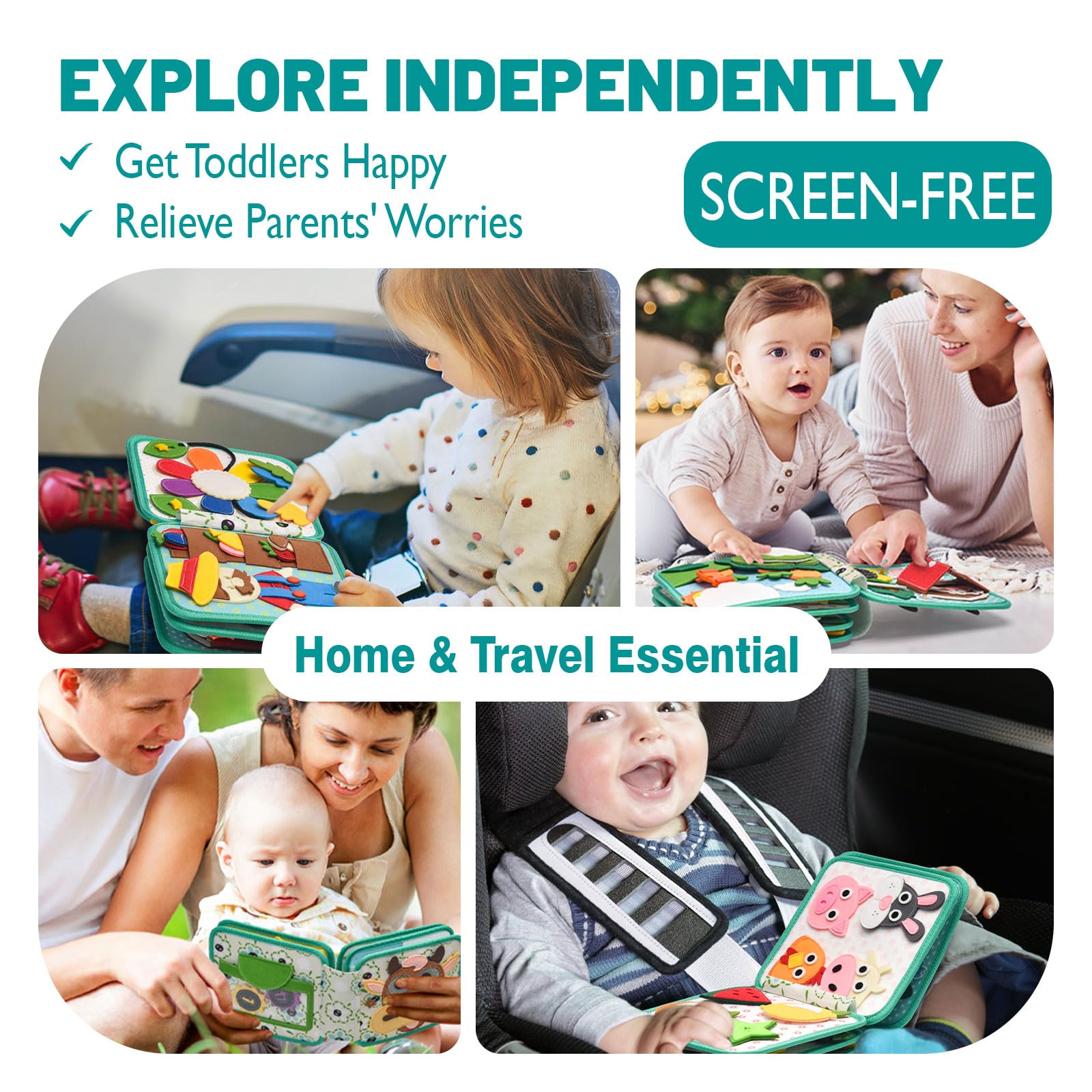 Montessori - Libro ocupado para niños pequeños de 1 a 3 años, libro silencioso de fieltro y tablero de actividades para aprendizaje preescolar, habilidades motoras finas y juego sensorial, juguete 5
