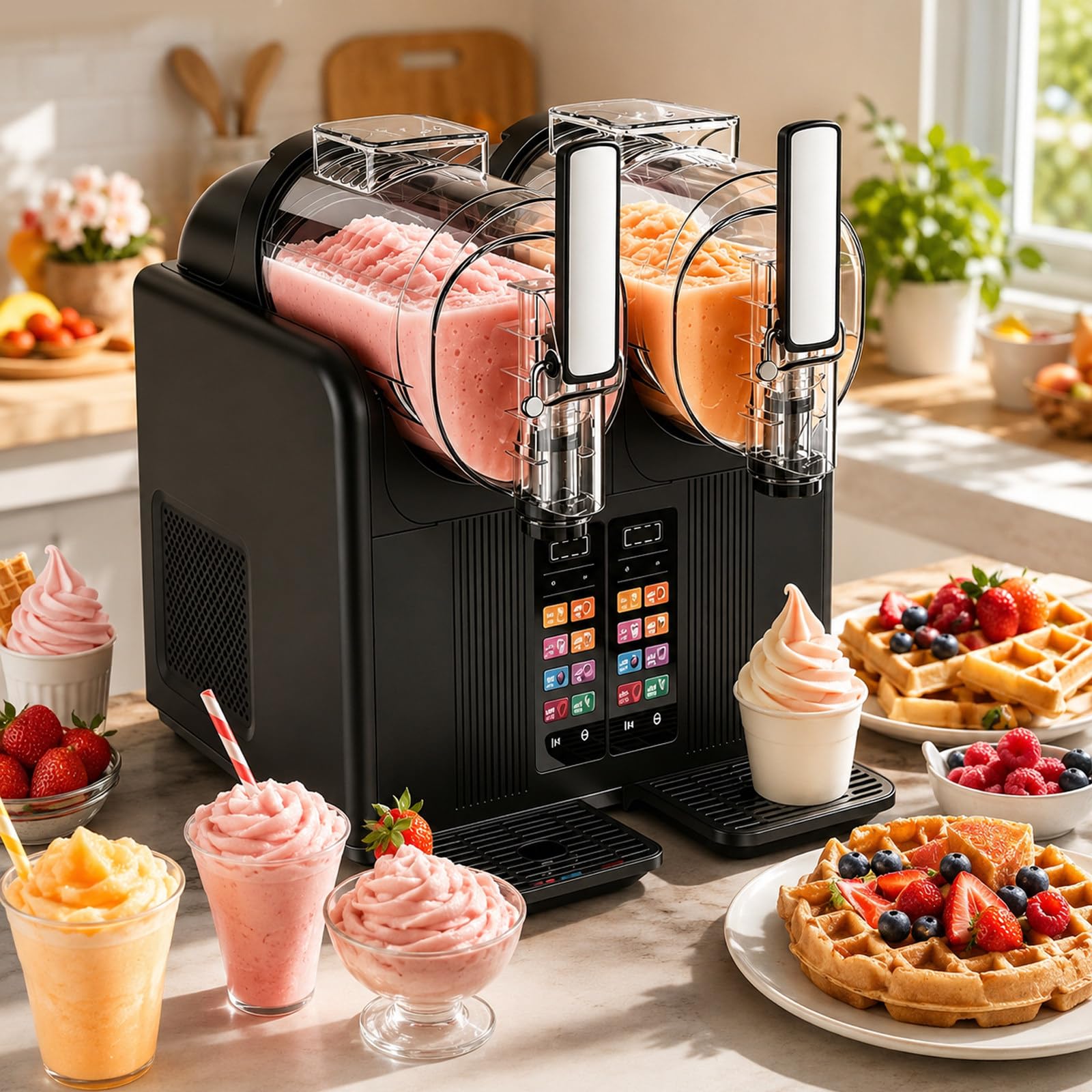AUTUMFLATGAO Slush Machine & Soft Serve Machine, Dual 2L Tanks, Digital Touch Panel Black