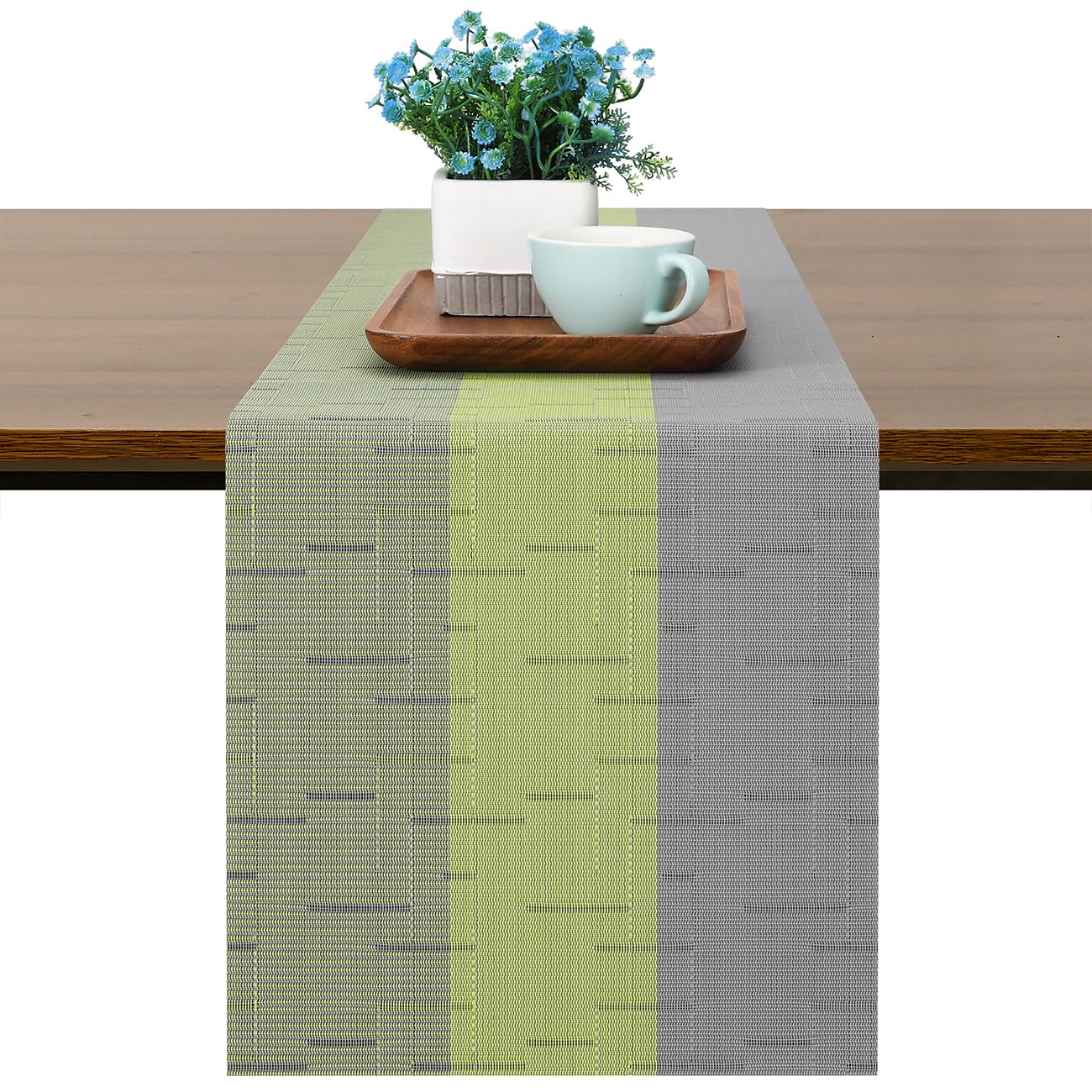 Chitomars Table Runner for Dining Table, Washable Vinyl Woven Table Runners for Farmhouse Decor Indoor Outdoor Birthday Weddings Party Home Coffee Table Decorations (Grey Grass Green, 30 x 135 cm)