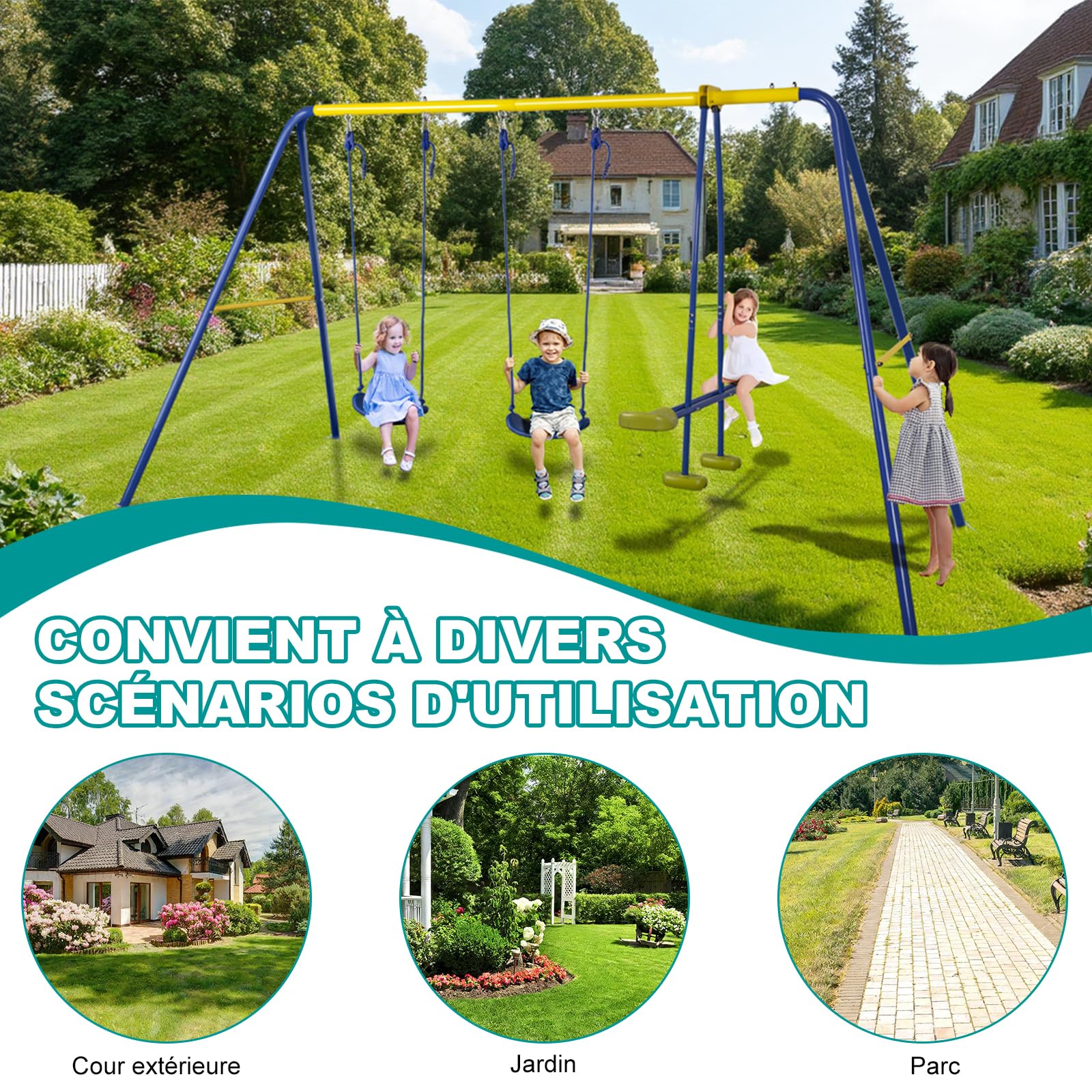 HLC Balançoire Jardin 3 en 1 - Multifonction avec Portique Métallique, avec 1 balançoire Face à Face et 2 sièges de balancelle, Charge maximale 250KG, Dimensions 322cm x 140cm x 180cm.