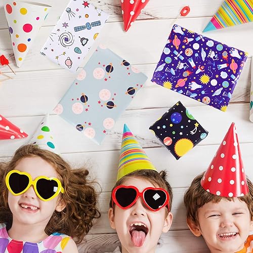 Miniatura 7 de PLULON 6 hojas de papel de regalo de cumpleaños, diseño del espacio exterior para niños, regalo de fiesta de cumpleaños y baby shower