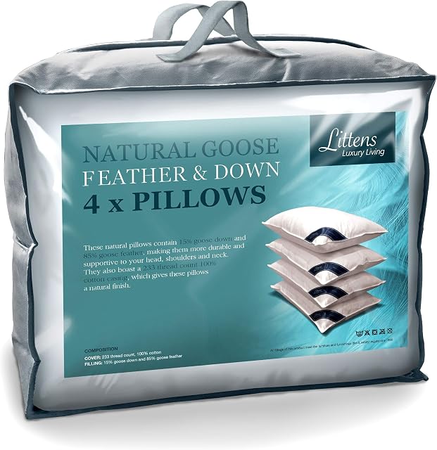 Littens 4 Pack Natural Goose Feather & Down Pillows, 230TC Cotton Case, Down Proof, Piped Edge