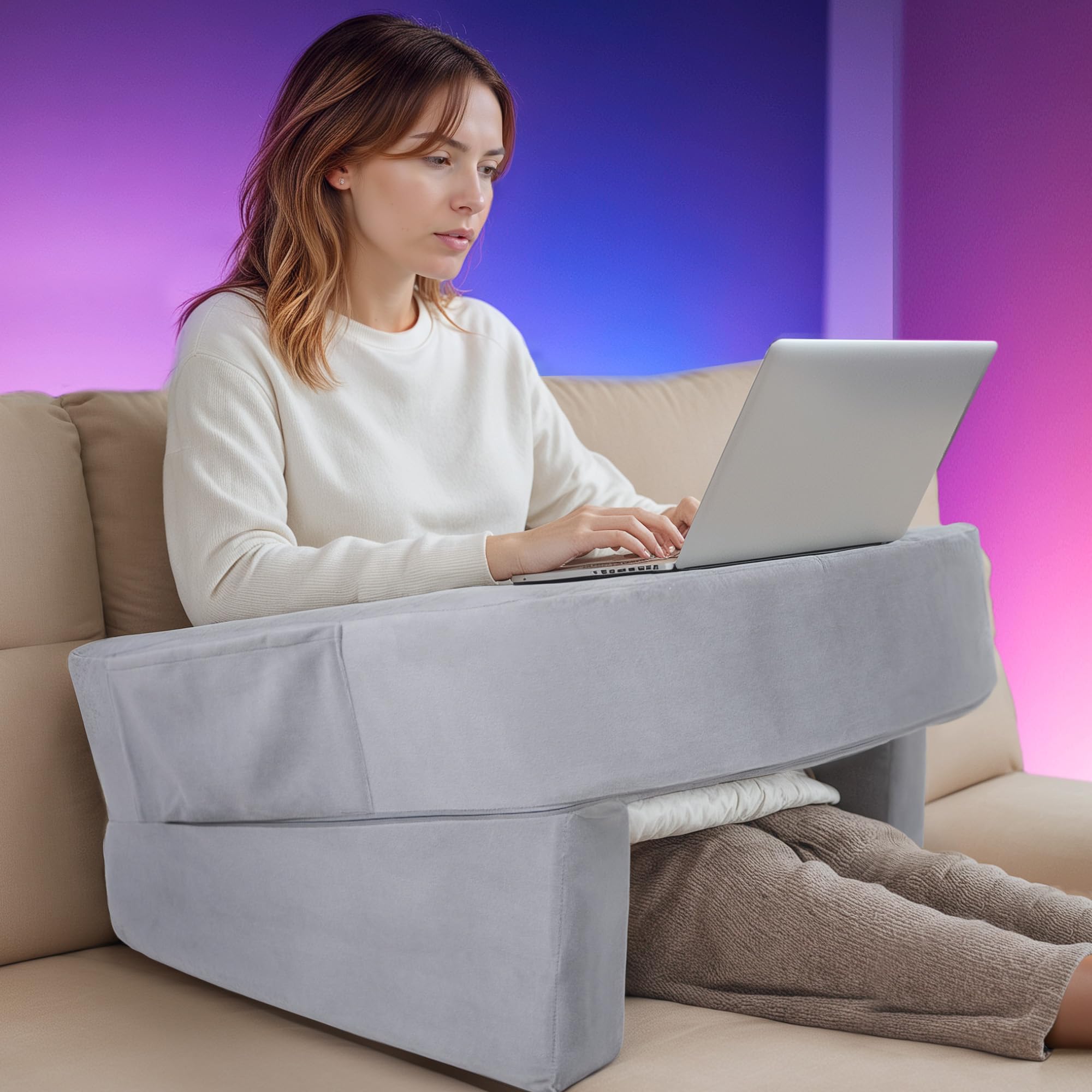 Lifezone Reading Pillow for Gaming, 22 x 21.5 x 14.5” Large Lap Pillow for Adult, Comfortable Rest Pillow for Gaming and Reading, Arm Support, Side Storage Pocket, Grey