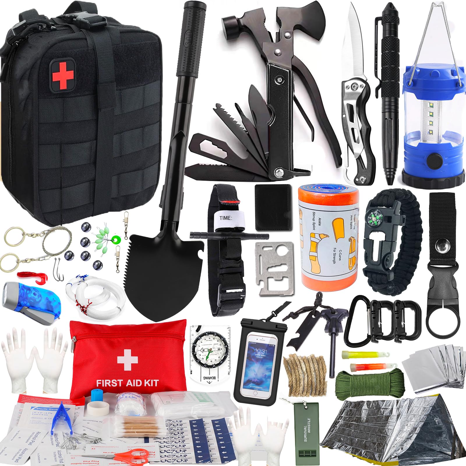 Survival Kit,258Pcs Survival Gear First Aid Kit with Molle System Compatible Bag Emergency Tent, Aluminum Splint,Tourniquet,Camping Gear,Emergency Kit for Earthquake, Outdoor Adventure, Hiking,Hunting