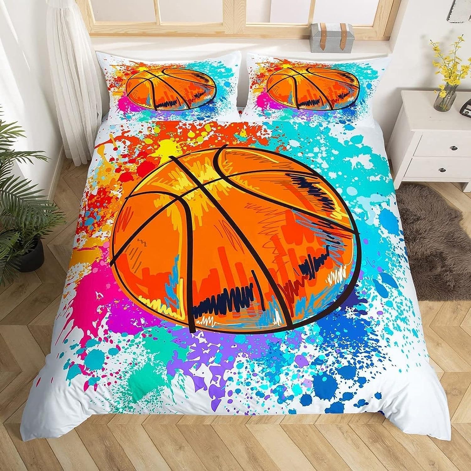 Funda Nordica Cama 90 Juvenil Baloncesto Juego de Cama Graffiti de Microfibra Suave Impresión 3D Funda Nórdica Baloncesto Funda Edredon 135x200 cm y 2 Fundas de Almohada A1706
