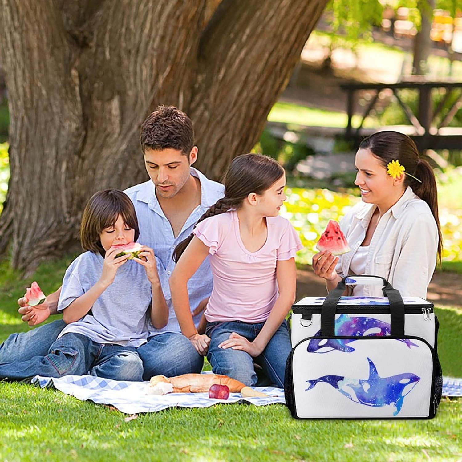 Insulated Picnic Backpack Tote Bag, Large Capacity 30L Orca Killer Whale Cooler Bag Leakproof Beach Bags Portable Lunch Box Waterproof Picnic Basket for Beach Camping BBQ