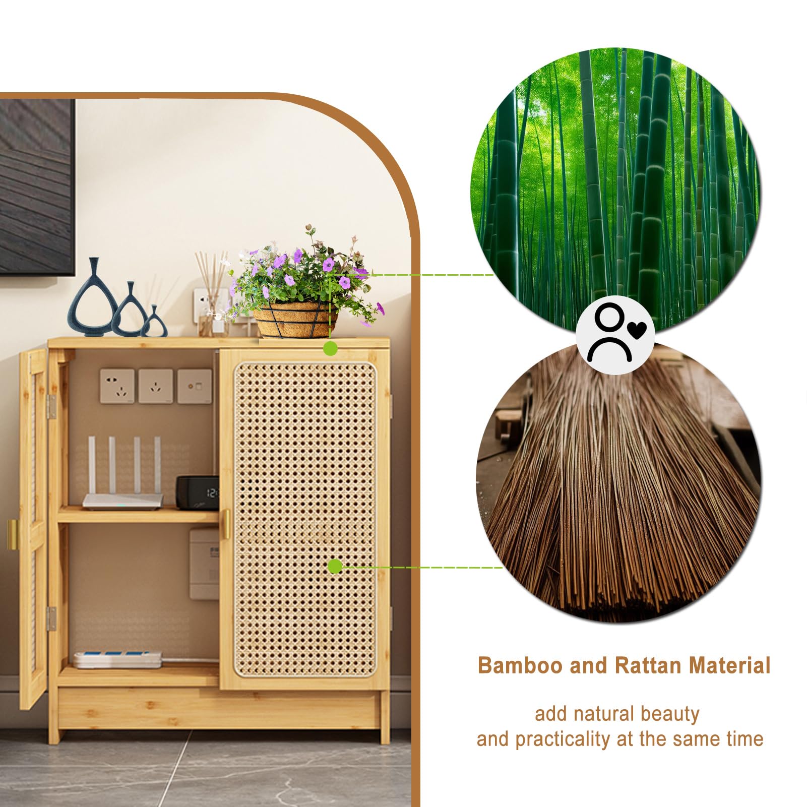 Jueraori Rattan Router Schrank Verstecken, WiFi Router Aufbewahrungsbox mit Verstellbaren Regalen, Vielseitig Bambus Aufbewahrungsschrank für Wäsche, Küche, Wohnzimmer, 70x50x25cm