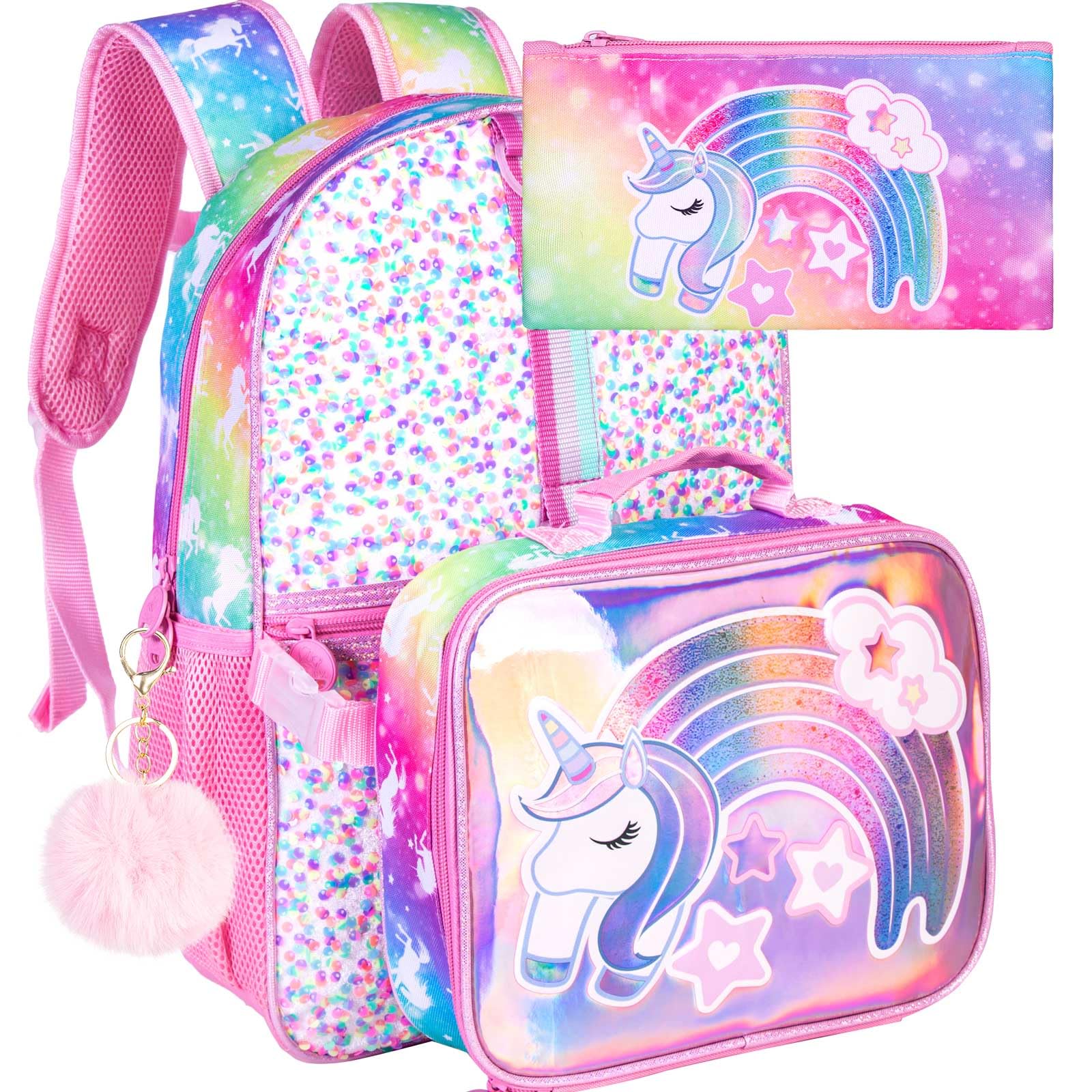 KLFVB 3PCS Unicorn Backpack for Girls, 16" Sequin Kids Bookbag and Lunch Box, Preschool Backpacks for Elementary Students