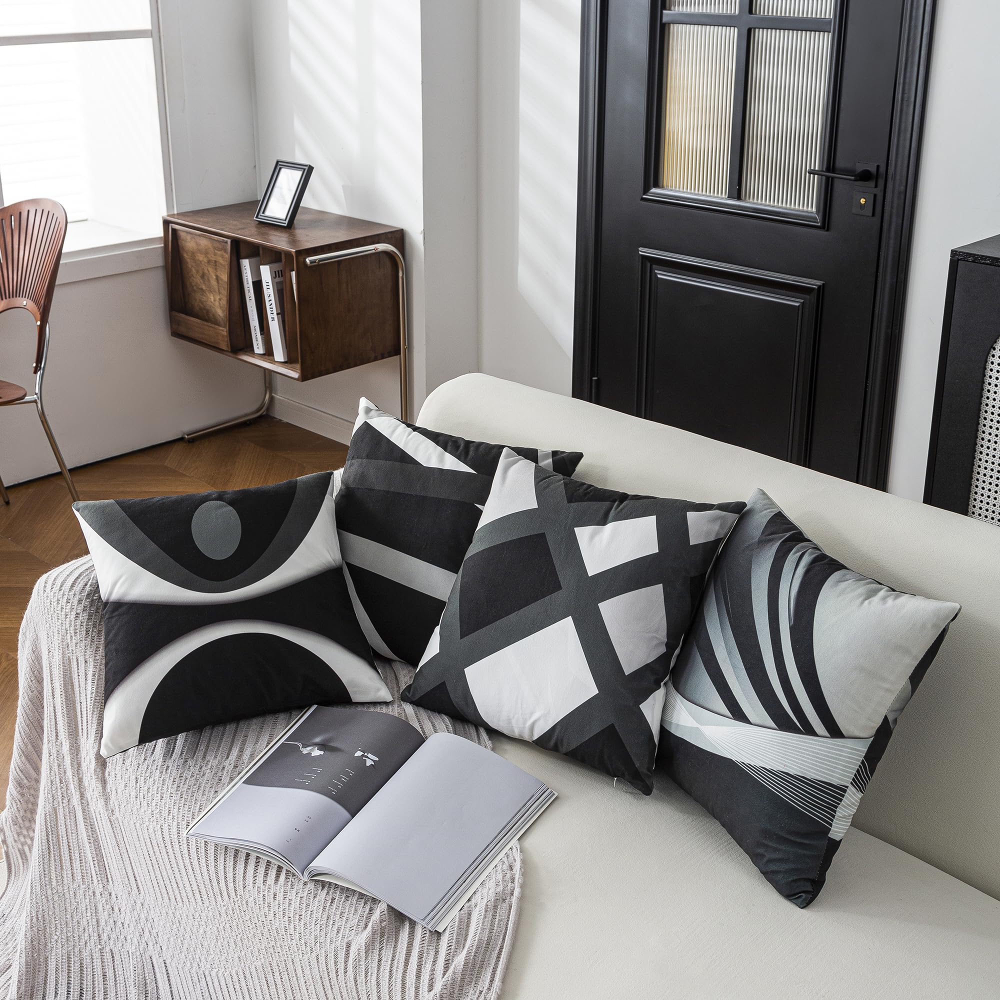 ZHILING Set of 4 Cushion Covers 45x45cm Abstract Black Grey White Stripes Bold design Pillow Cases Home Decor Square cushion covers 18x18 Inches - Image 3